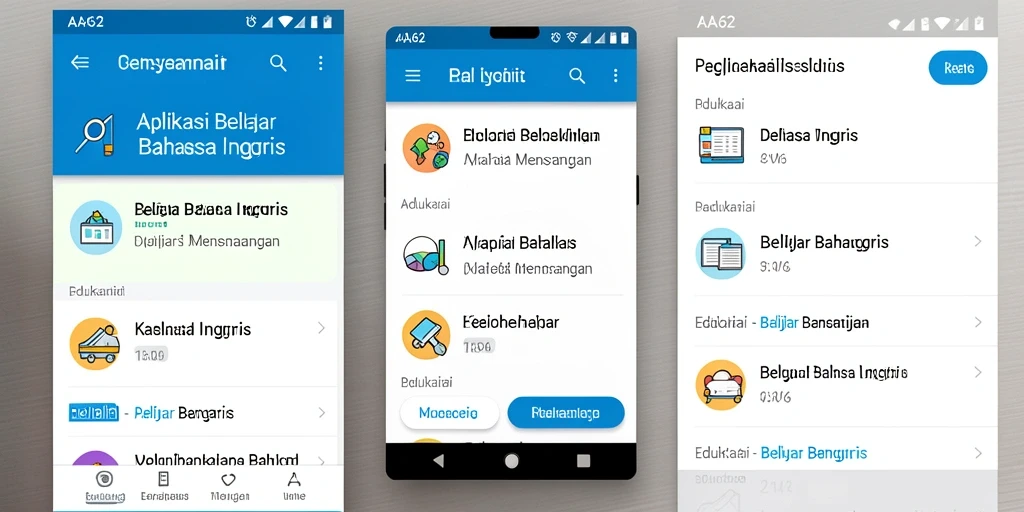 Tampilan antarmuka AA62 yang ramah pengguna untuk belajar Bahasa Inggris.